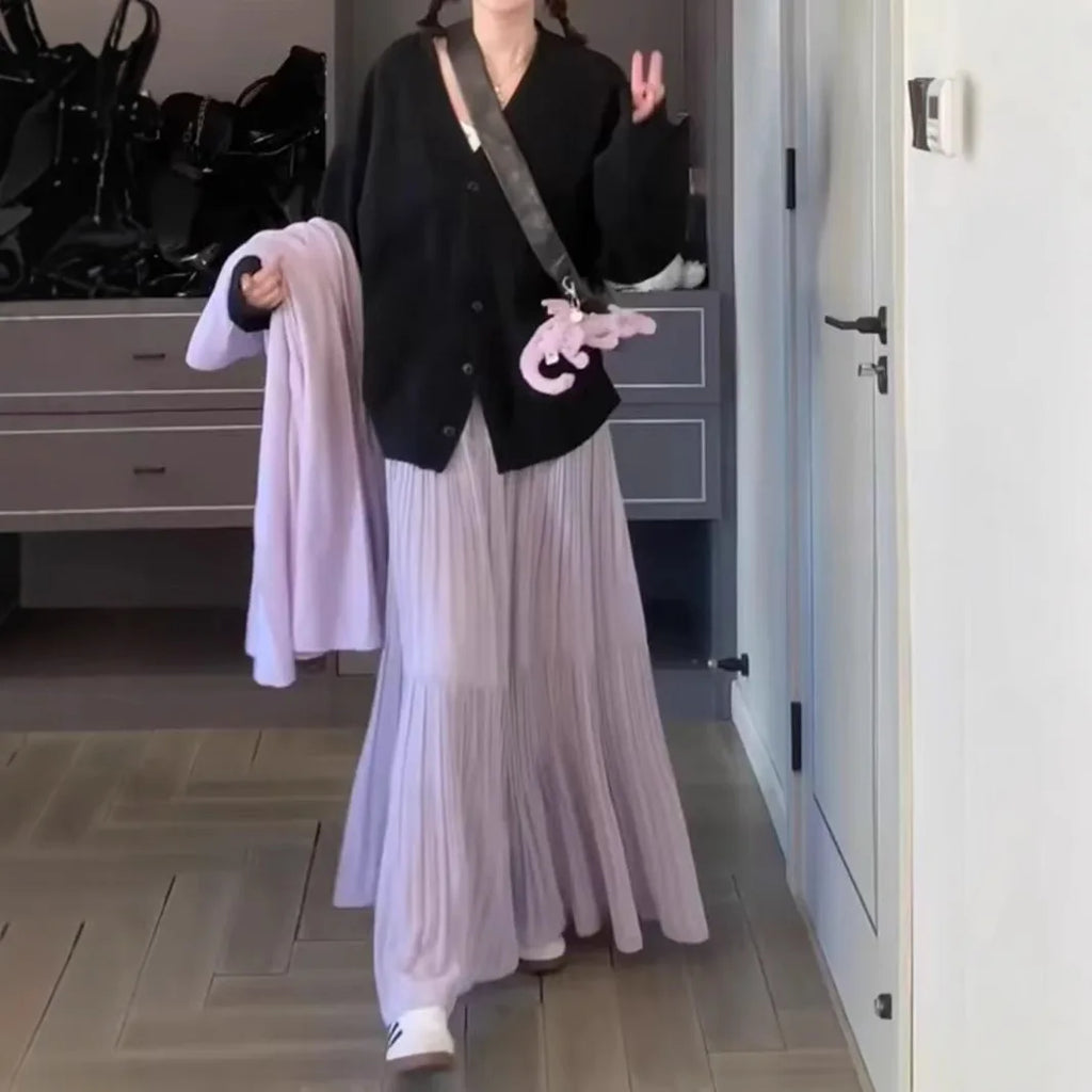 Women Spring and Summer Trend High Waist Pleated Long Skirt Casual Elegant Solid A-line Big Swing Skirt Girl half fairy skirt