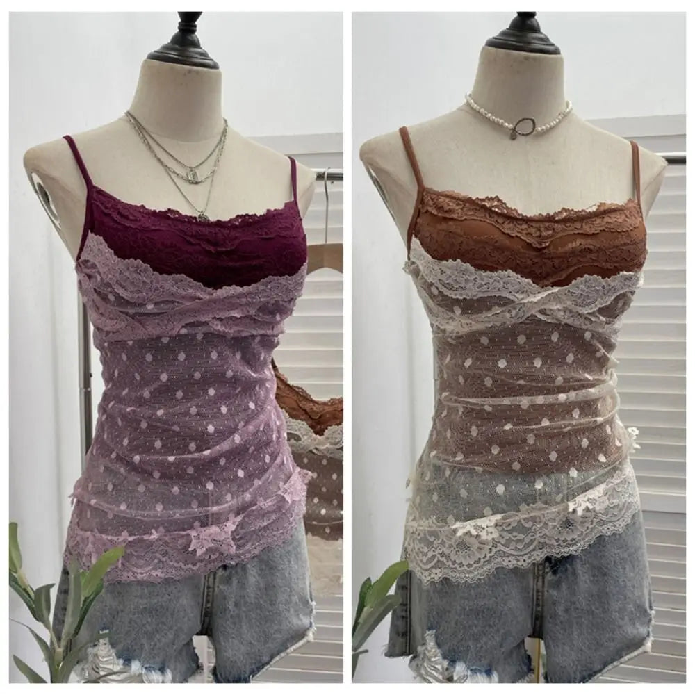 Lace Dots Fake Two Pieces Camisole Wrapped Chest Bra Slim Fit Sweet Girl's Tank Top Tank Top Elastic Bra with Pads Cami Summer