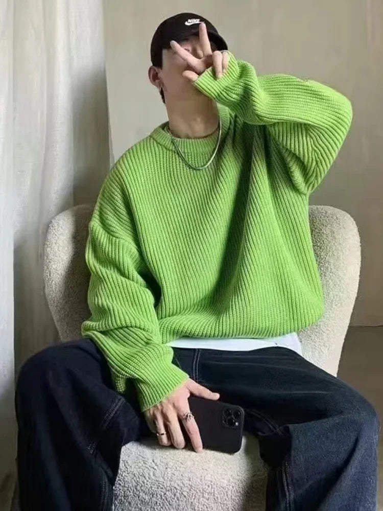 2026 Autumn Crew Neck Solid Color Pullover Sweaters For Men Casual Y2K Knitted Sweater High Street Fashion Jumpers Hombre