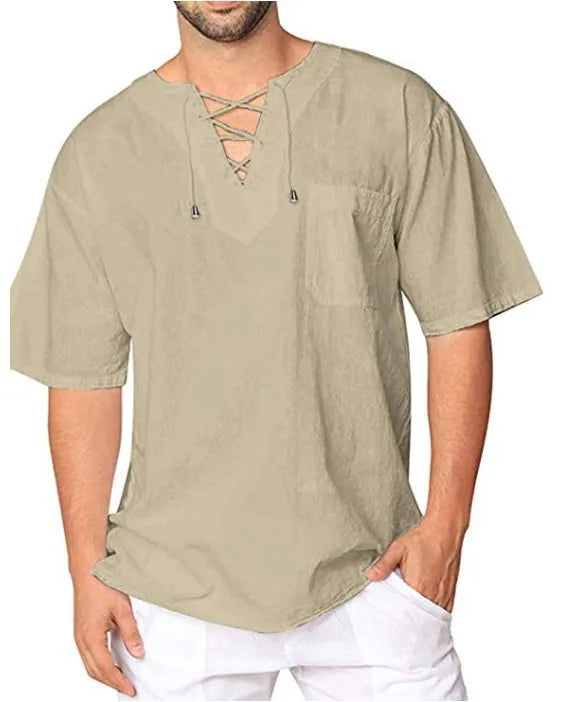 Plus Size Men's Tee Shirt Solid Tops Pullover V Neck Lace-up Loose Top Summer Holiday Beach Casual Half Sleeve Tops Linen Top