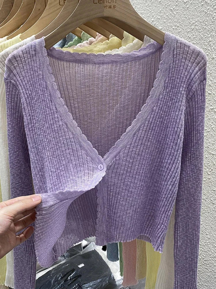 Short Ice Silk Knitted Sun Protection Cardigan Women's Thin Summer Autumn Suspender Skirt Layered Gauze Jacket