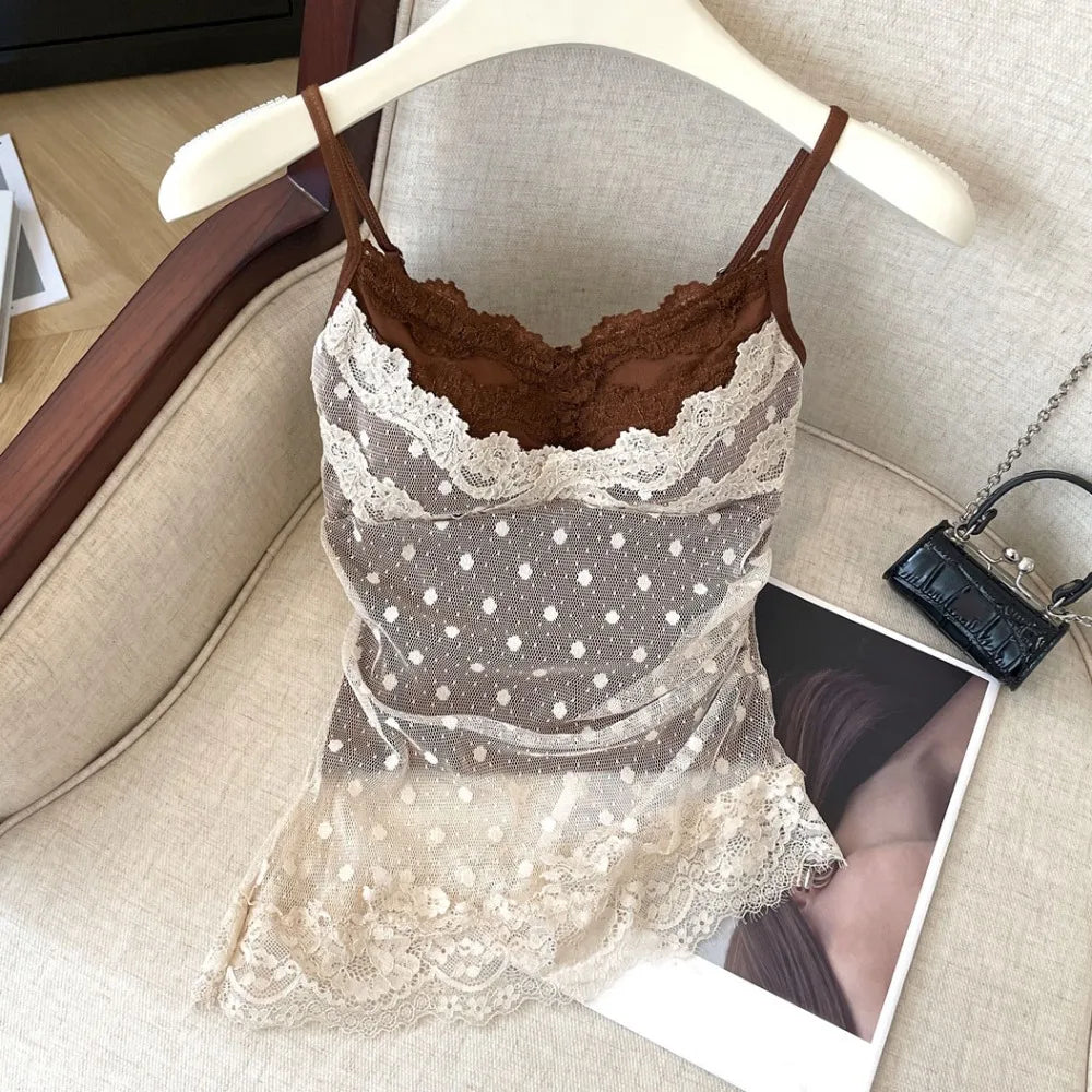 Lace Dots Fake Two Pieces Camisole Wrapped Chest Bra Slim Fit Sweet Girl's Tank Top Tank Top Elastic Bra with Pads Cami Summer