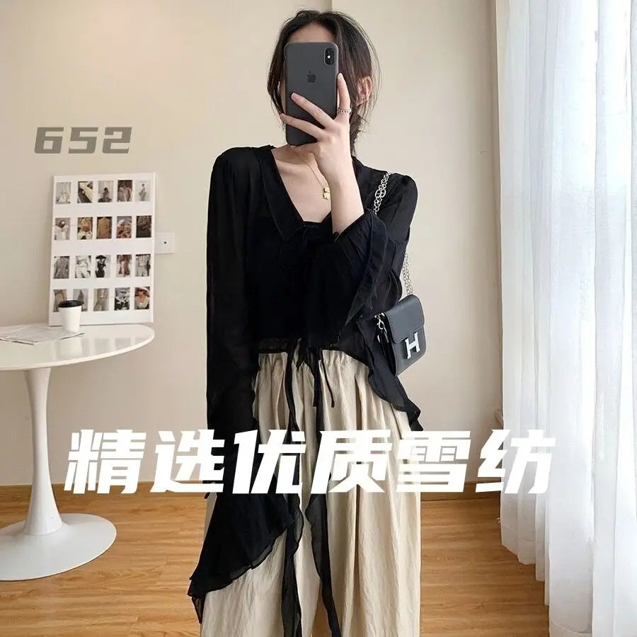 Flare Sleeve Blouses Women Chiffon Breathable Lace-up All-match Elegant V-neck Korean Style Y2k Ruffles Transparent Design Chic