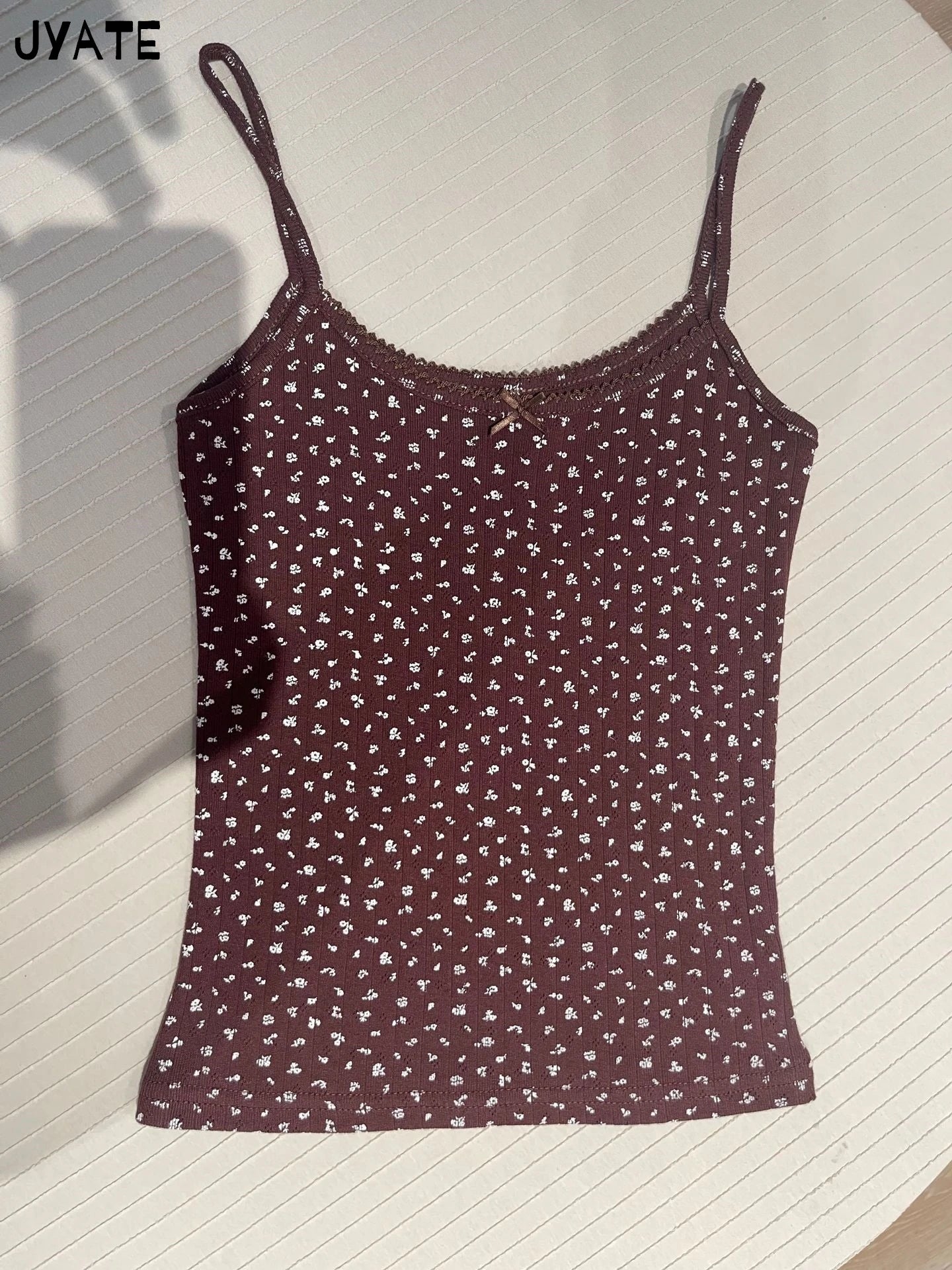Sweet Floral Print Eyelet Bow Cropped Vests Women Cotton Casual Slim Lace Trim Tank Tops Vintage Preppy Style Cute Camisole Y2K