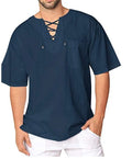 Plus Size Men's Tee Shirt Solid Tops Pullover V Neck Lace-up Loose Top Summer Holiday Beach Casual Half Sleeve Tops Linen Top