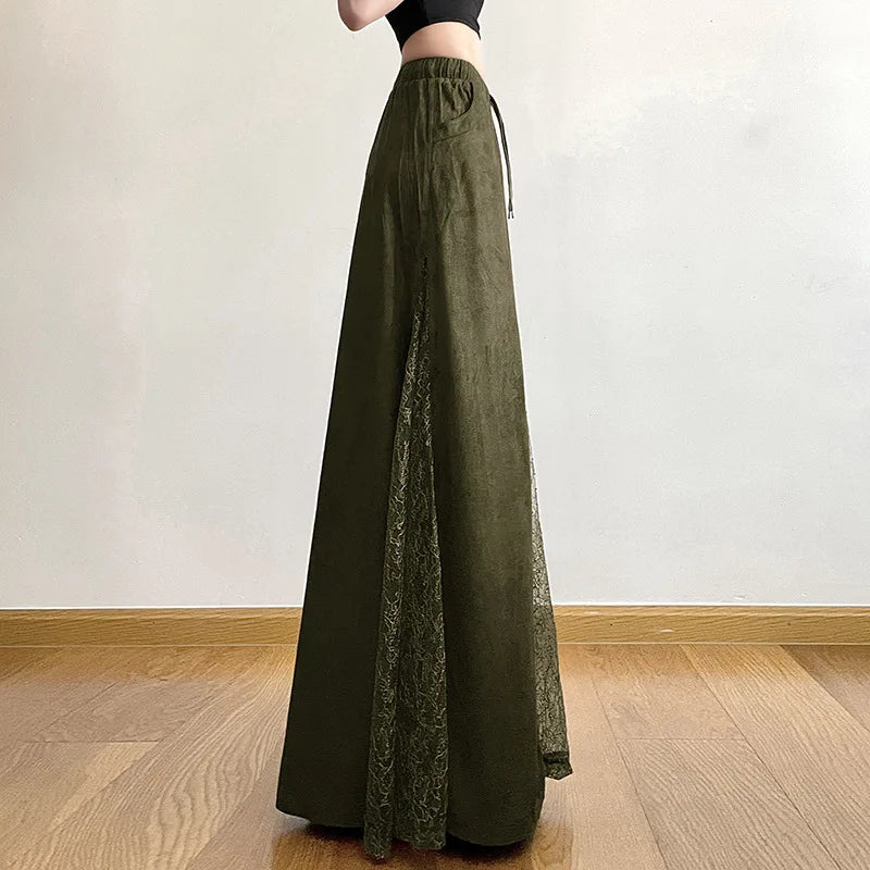 Women Vintage Suede Nap Lace Patchwork Hem Zip Long Skirt Cyber Y2K Chic Drawstring Pocket A-line Skirts Lady Grunge Streetwear