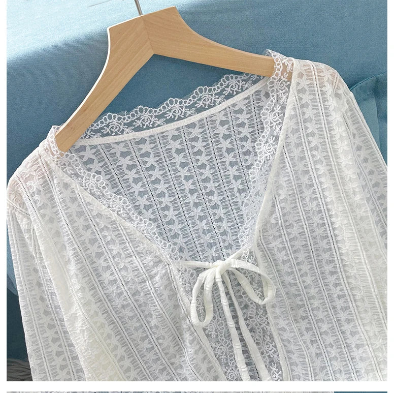 Sheer Lace Cardigan with Lace Trim Tie Front Long Sleeve Crop Top Women Textured Shrug Spring Summer 2026 Shrunken Cardigan