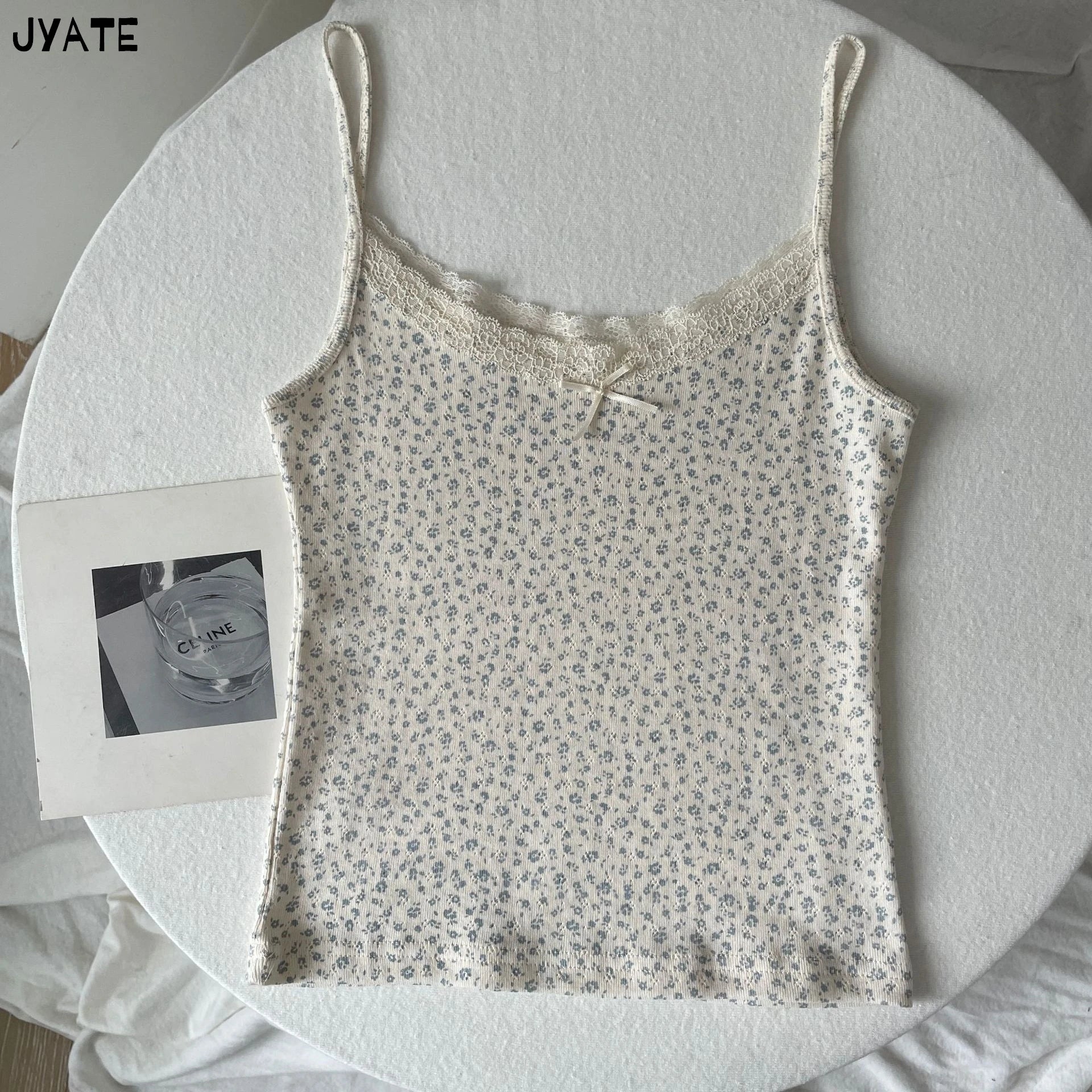 Sweet Floral Print Eyelet Bow Cropped Vests Women Cotton Casual Slim Lace Trim Tank Tops Vintage Preppy Style Cute Camisole Y2K