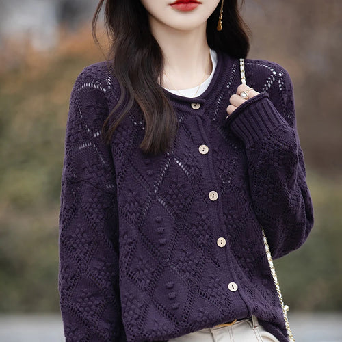 2024 Fashion Models Women Knitwear 100% Cotton Cardigan O-Neck Long Sleeve Hollow Decoration Loose Fit Cardigan Clothing Tops
