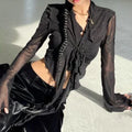 Long Flare Sleeve Sexy Sweet Hot Girls Korean Blouses for Women Lace-up Mesh Fashion Style All-match Solid Design Elegant Casual
