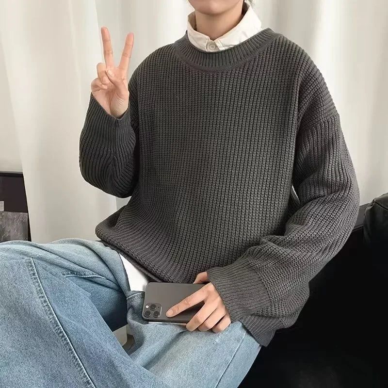 2026 Autumn Crew Neck Solid Color Pullover Sweaters For Men Casual Y2K Knitted Sweater High Street Fashion Jumpers Hombre