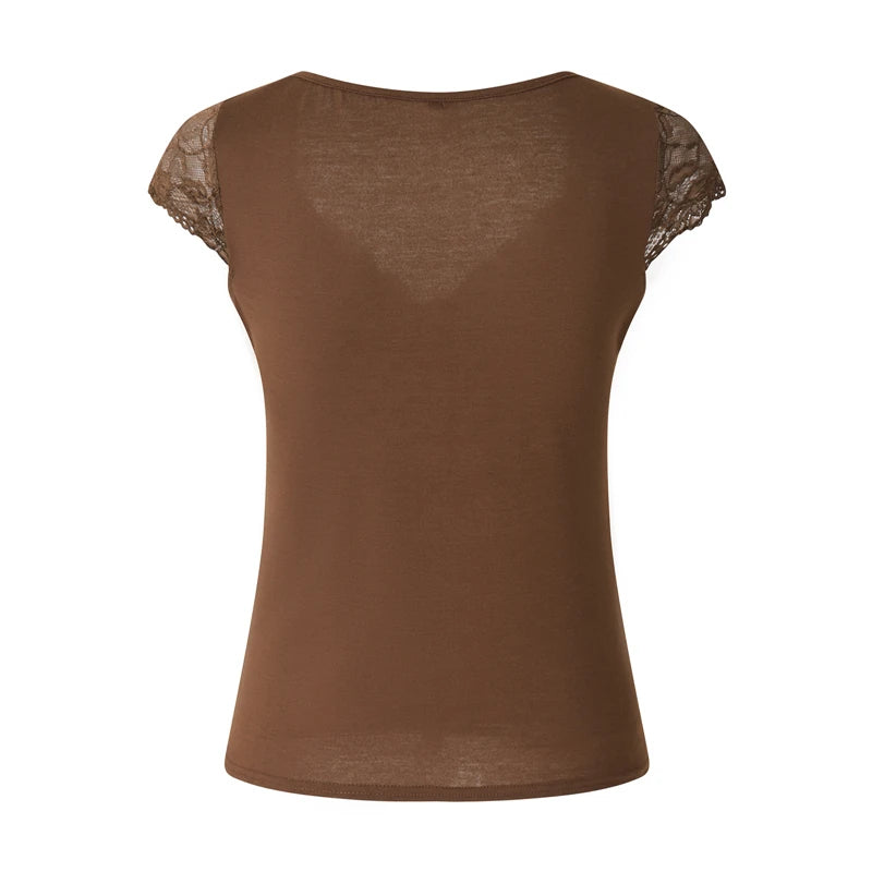 Xingqing Brown Lace Crop Tops Vintage Aesthetic Women V Neck Short Sleeve T Shirt y2k Fairy Grunge Clothes 2000s Streetwear