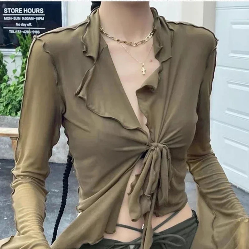 Long Flare Sleeve Sexy Sweet Hot Girls Korean Blouses for Women Lace-up Mesh Fashion Style All-match Solid Design Elegant Casual