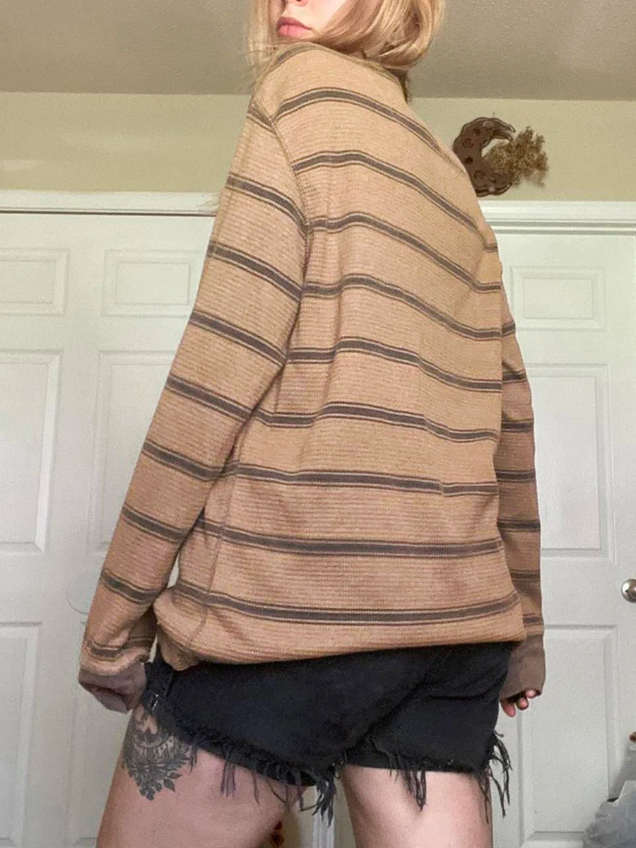 Women Fairy Grunge Knit Basic Shirt Autumn Y2K Grey Black Striped Long Sleeve Round Neck Tops Emo Tee