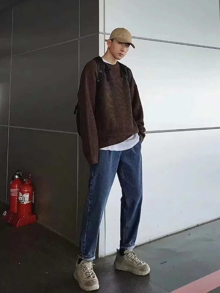 2026 Autumn Crew Neck Solid Color Pullover Sweaters For Men Casual Y2K Knitted Sweater High Street Fashion Jumpers Hombre