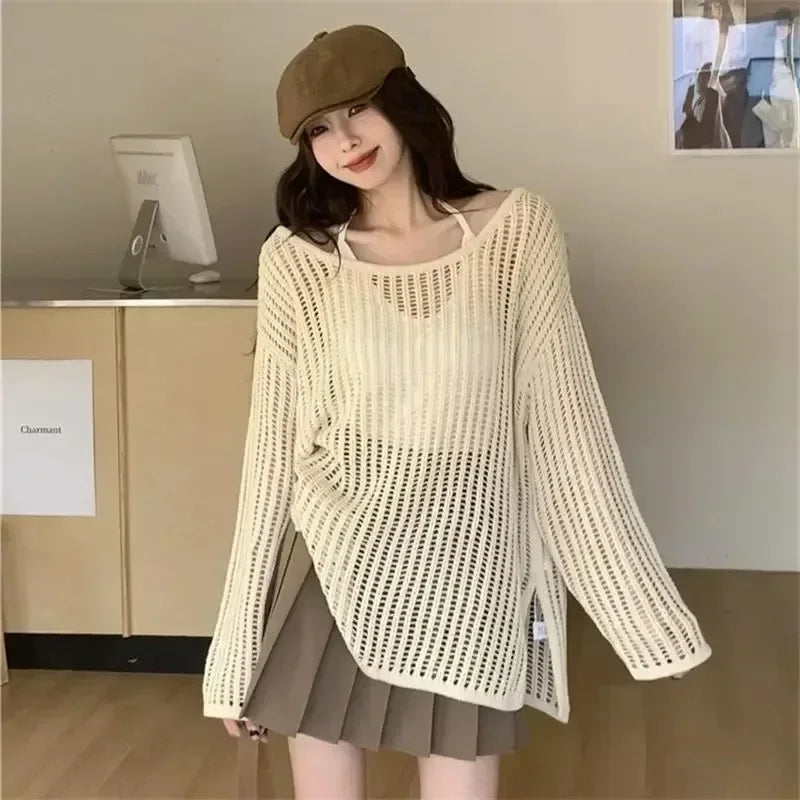Y2K Hollow Out Crop Top Knitted Retro Long Sleeve T Shirt Women Summer Sun Protection Breathable Cardigans Patched Tee