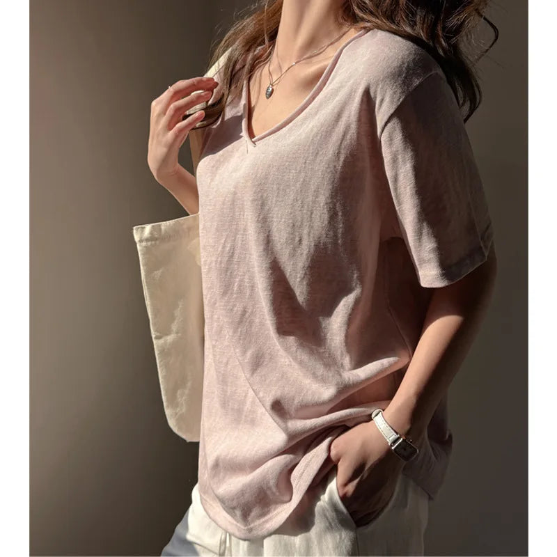 Daily Summer Curled V-neck T-Shirts Women Comfy Casual Korean Short Sleeve Breathable Office Soft Streetwear Street Basic Tops