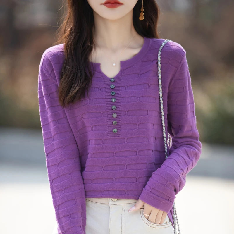 Autumn Winter Women 100% Cotton Sweater V-neck Half Open Buckle Pullover Square Pit Sweater Slim Knitted Warm Bottoming Tops