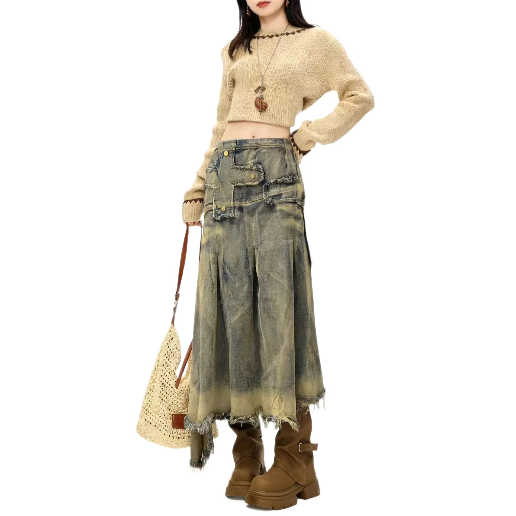 Retro Old Rough Edge Denim Skirt Women's 2026 New A-shaped Skirt Irregular Design