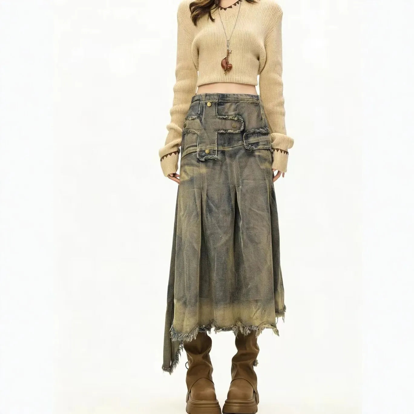 Retro Old Rough Edge Denim Skirt Women's 2026 New A-shaped Skirt Irregular Design
