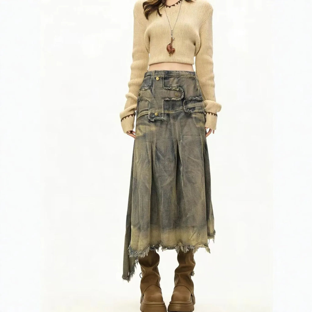 Retro Old Rough Edge Denim Skirt Women's 2026 New A-shaped Skirt Irregular Design