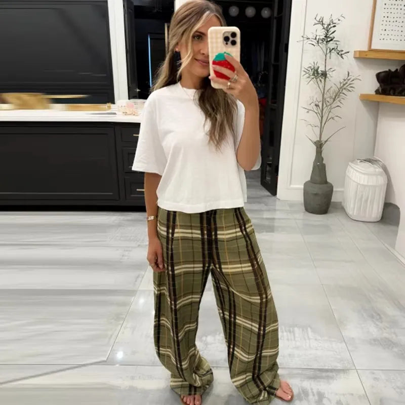 MUJER Plaid Baggy Pants Woman Casual Wide Leg Pants for Women Mid Waist Oversize Women's Pants Vintage Pleated Trousers Womens