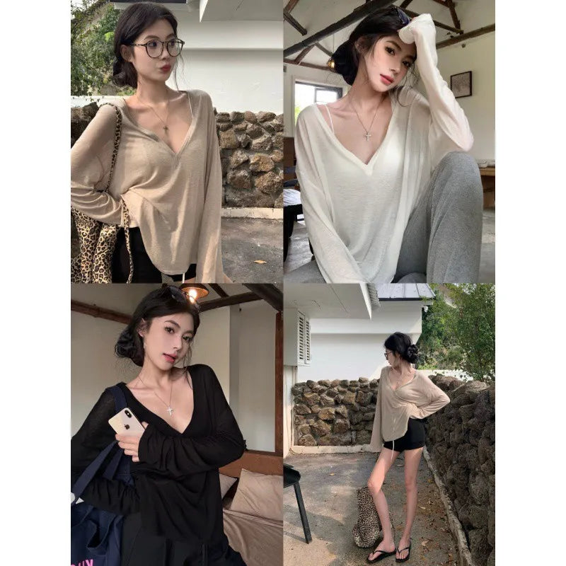 Thin Perspective Long Sleeved T-shirt for Women's Summer Loose Casual Korean Base Sun Protection Cover Up Top for Women