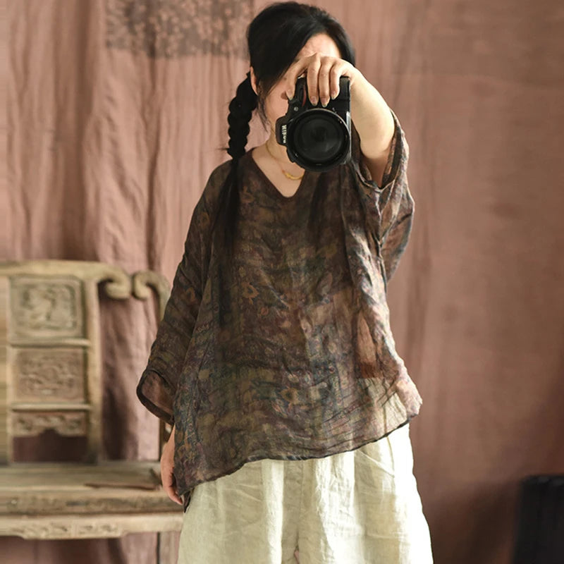 Oversized Women Casual Linen T-shirts New 2025 Summer Vintage Style V-neck Floral Print Loose Female Casual Tops Tees M739