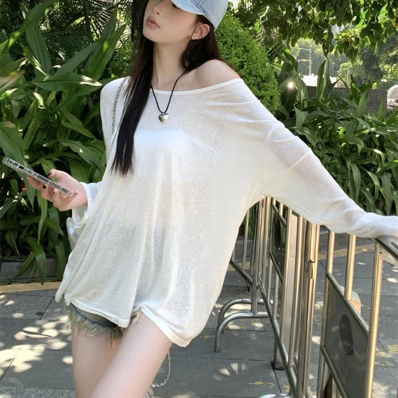 Korean Fashion Women Sheer Loose Tshirts Summer Casual Sun-proof Leisure Long Sleeve Clean Fit Ulzzang Style