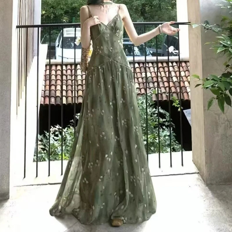 2025 New Vintage Elegant French Floral Print V-neck Strapless Midi Dress Retro Women's Sweet Summer Vacation Style Long Dresses