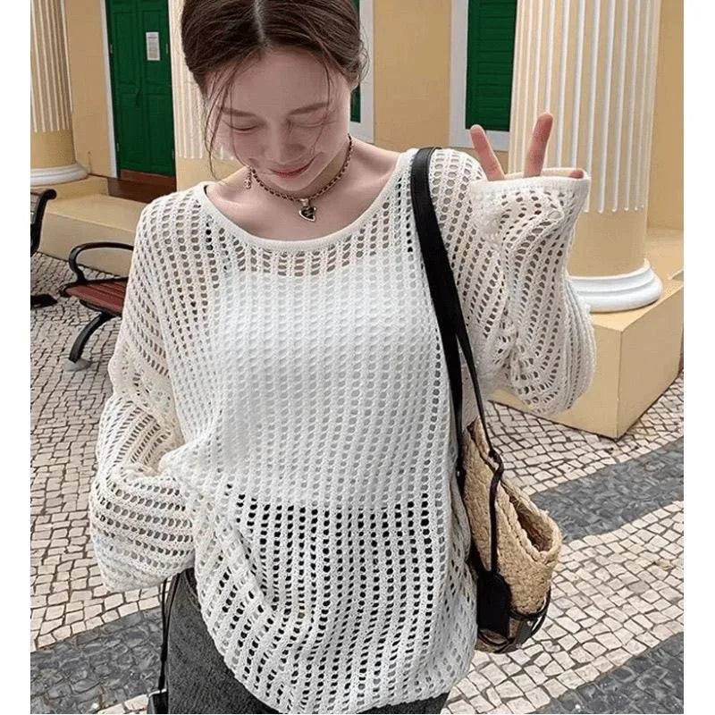 Y2K Hollow Out Crop Top Knitted Retro Long Sleeve T Shirt Women Summer Sun Protection Breathable Cardigans Patched Tee