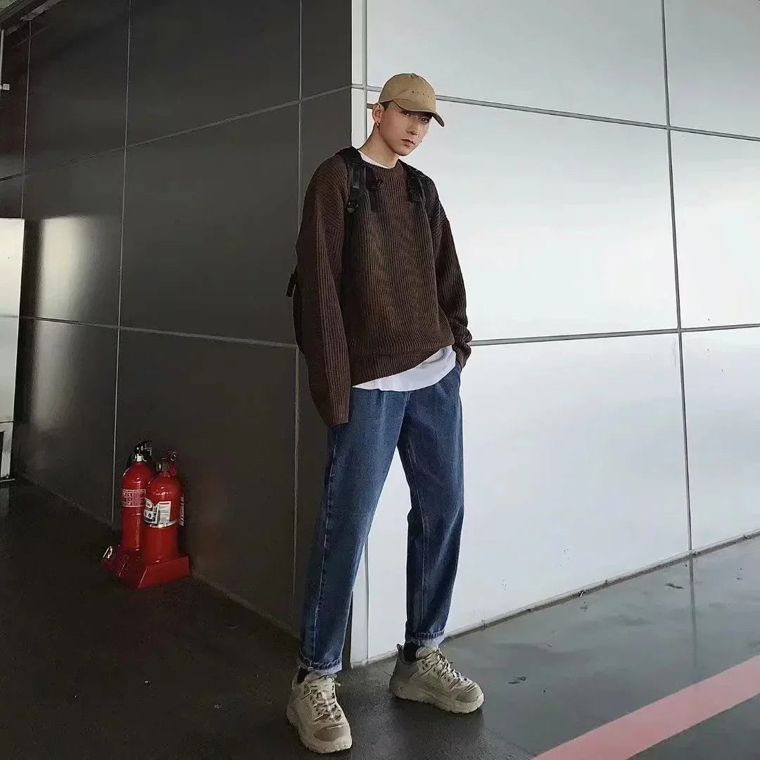 2026 Autumn Crew Neck Solid Color Pullover Sweaters For Men Casual Y2K Knitted Sweater High Street Fashion Jumpers Hombre