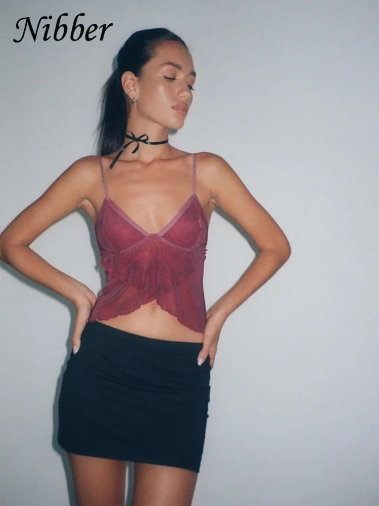 Nibber Mesh See Through Printed Vest Women Sexy Casual V-neck Sleeveless Suspender Camisole Patchwork Tank Top Streetwear