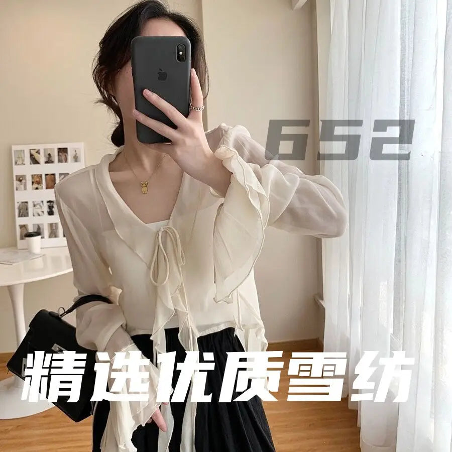 Flare Sleeve Blouses Women Chiffon Breathable Lace-up All-match Elegant V-neck Korean Style Y2k Ruffles Transparent Design Chic