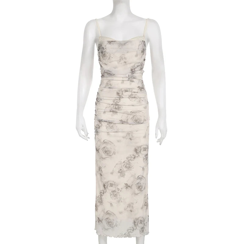 Spaghetti Strap Dresses Women French Style Elegant Flower Printed Pleated Midi Hip Wrap Summer Slim Stylish Office Lady Fashion