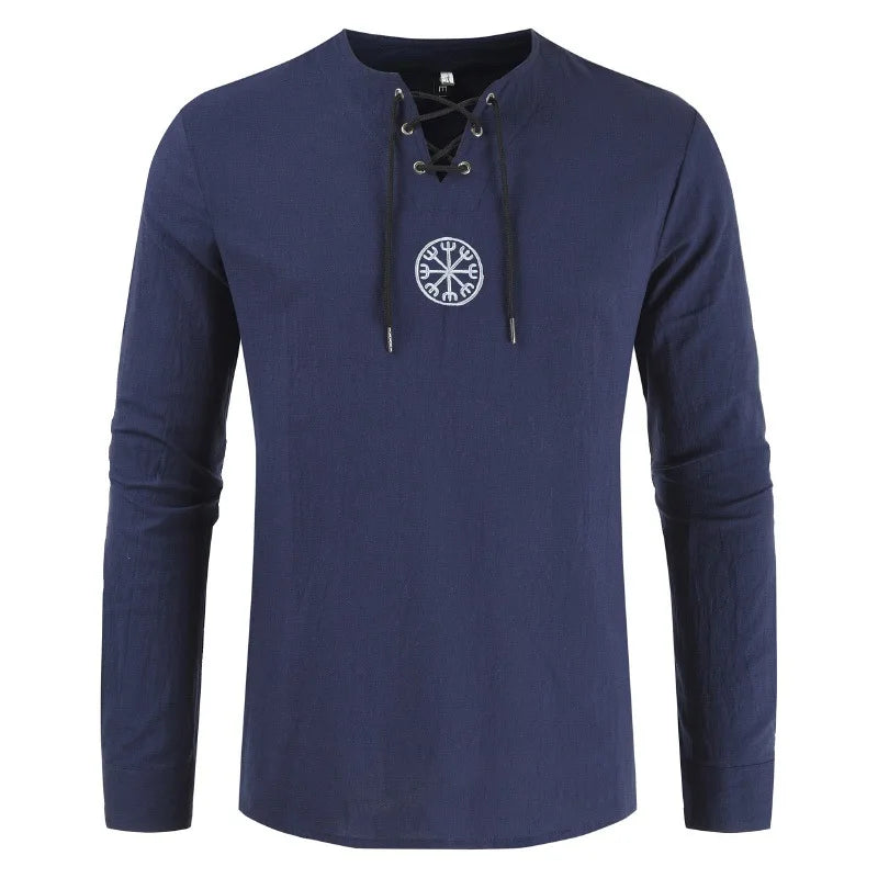 spring 2023 New Men's Cotton Linen T shirt Male Solid Color V Neck bandage T shirts Casual Long Sleeves Linen tshirt Tops S-4XL