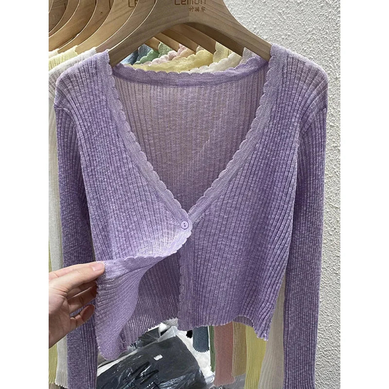 Short Ice Silk Knitted Sun Protection Cardigan Women's Thin Summer Autumn Suspender Skirt Layered Gauze Jacket