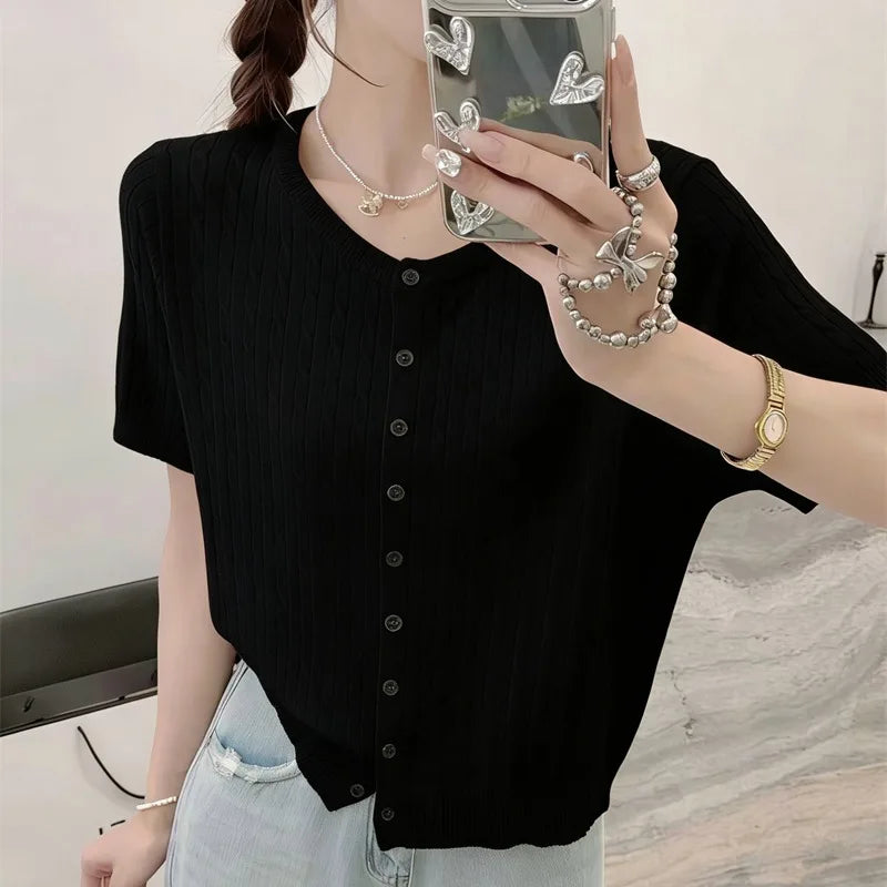 Knitwears Knitted Sweater Women Cardigans O-Neck White Knit Sweater Cardigan Women Tops New Summer Short Sleeve Sweaters Q3730