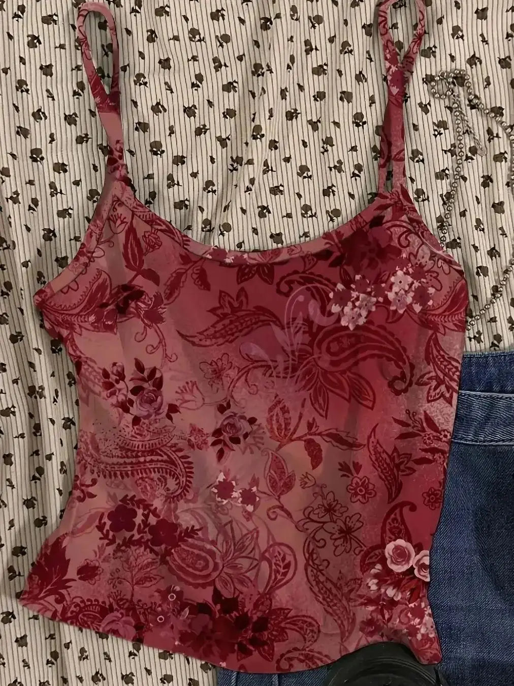 Vintage floral pattern red sexy vest, women's short top