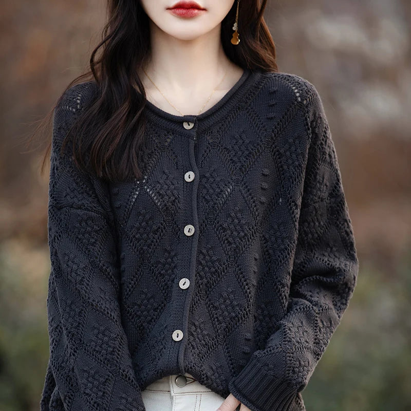 2024 Fashion Models Women Knitwear 100% Cotton Cardigan O-Neck Long Sleeve Hollow Decoration Loose Fit Cardigan Clothing Tops