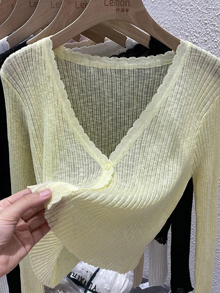 Short Ice Silk Knitted Sun Protection Cardigan Women's Thin Summer Autumn Suspender Skirt Layered Gauze Jacket