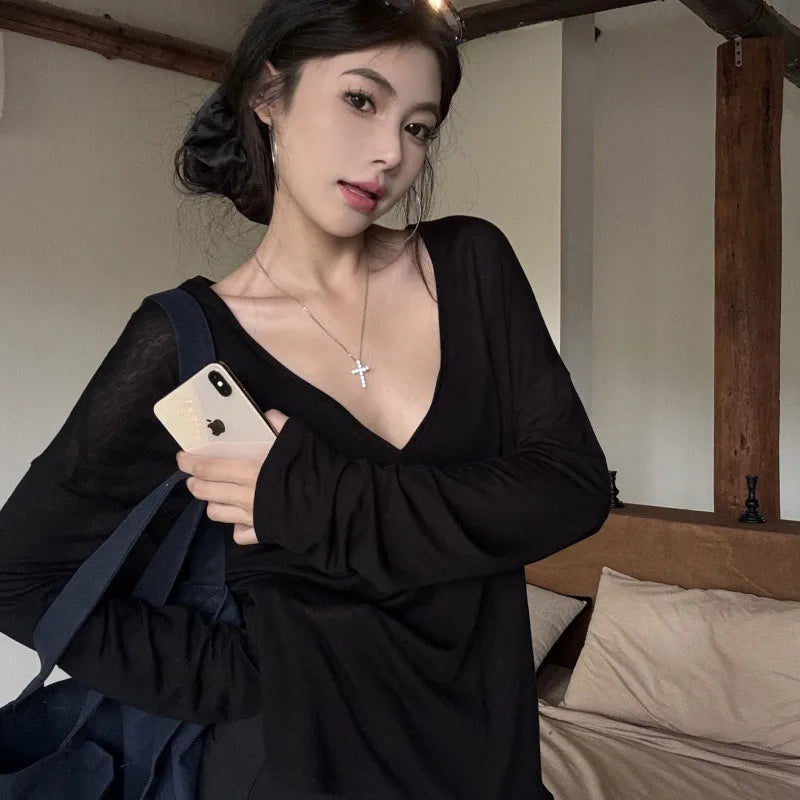Thin Perspective Long Sleeved T-shirt for Women's Summer Loose Casual Korean Base Sun Protection Cover Up Top for Women