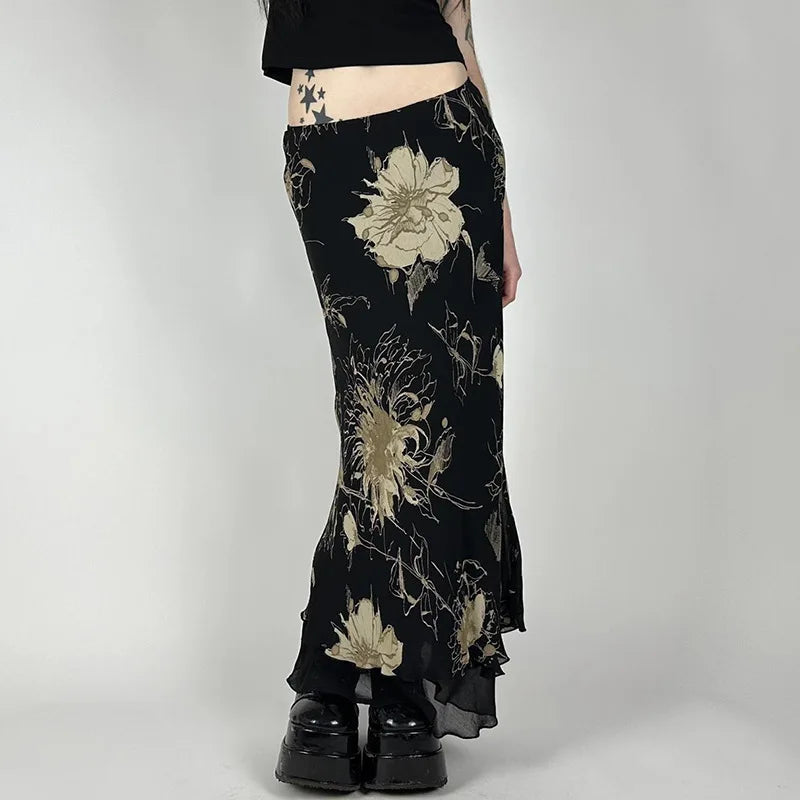 Y2K Aesthetics Mesh A-line Skirt Women Floral Print Slim Skirts Fairy Streetwear Gothic Bottoms Vintage Sweet Trendy 2026 New