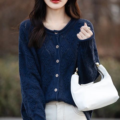 2024 Fashion Models Women Knitwear 100% Cotton Cardigan O-Neck Long Sleeve Hollow Decoration Loose Fit Cardigan Clothing Tops