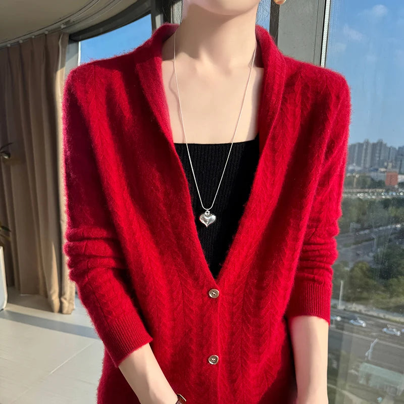 Scarf Collar Women Cardigan Tops Autumn Winter New Chic 100% Merino Wool Sweater Graceful Woman Wool Sweater Elegant Soft Blouse