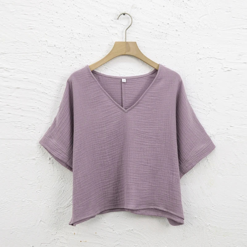 Muslin 100% Cotton Short Sleeve Tee Sexy V-Neck Oversized T-Shirt Streetwear Top Shirts And Blouse Lady Pulovers Camisetas