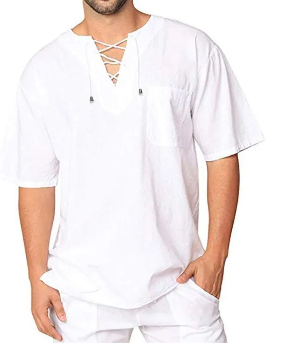 Plus Size Men's Tee Shirt Solid Tops Pullover V Neck Lace-up Loose Top Summer Holiday Beach Casual Half Sleeve Tops Linen Top
