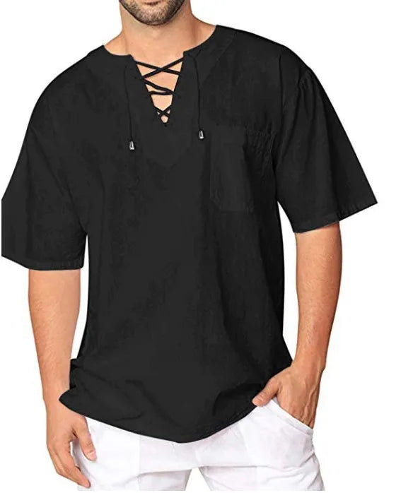 Plus Size Men's Tee Shirt Solid Tops Pullover V Neck Lace-up Loose Top Summer Holiday Beach Casual Half Sleeve Tops Linen Top