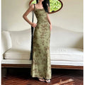 Elegant Green Floral Lace Halter Dress Women's Summer Design High Waist Bodycon Fish Tail Long Gown Chinese New Style