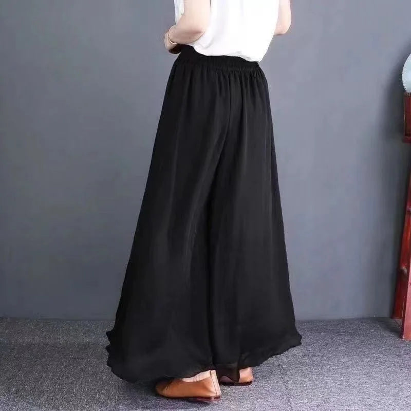 Women's Loose Style Casual Fashion Solid Color Chiffon Double-layer Wide Leg Pants New High Waisted Trendy Pants Skirt